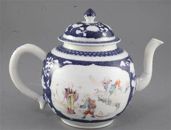 A large Chinese famille rose teapot and cover, late Qianlong period, height 20cm, some faults